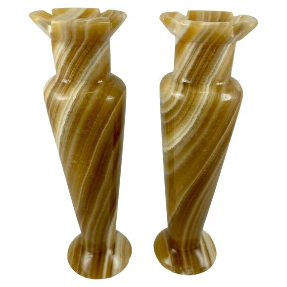 Vintage Egyptian Alabaster Marble Onyx Vases Candle Holders Set of 2 Handmade - Picture 7 of 13